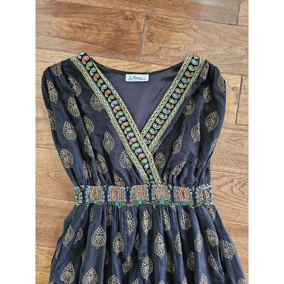 Lapogee Maxi Dress Womens Size L Black Peacock Print V-Neck Pockets Lined NWOT - Picture 6 of 13